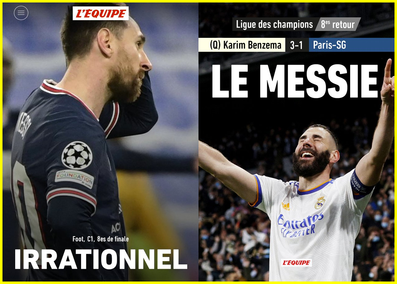 Messi e Benzema su L'Equipe dopo Real Madrid - Paris Saint Germain 3-1