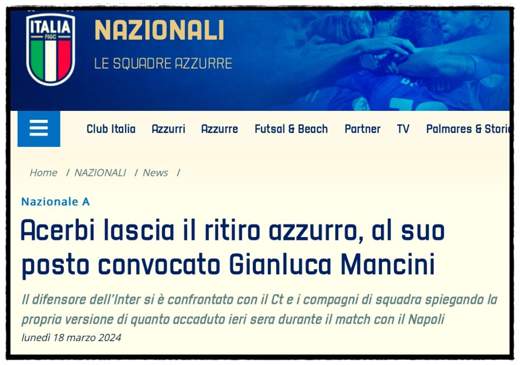 Acerbi escluso dalla convocazione in Nazionale per l'episodio di razzismo (insulto a Juan Jesus) in Inter-Napoli: 