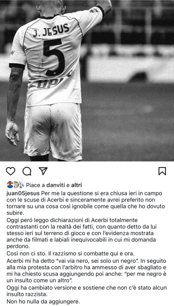 Inter-Napoli e il caso di razzismo. Juan Jesus replica su Instagram ad Acerbi