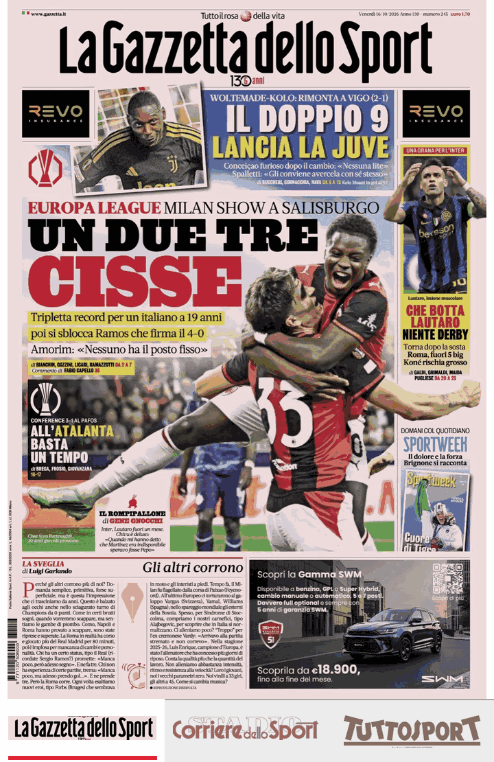 Rassegna stampa quotidiani sportivi venerd&igrave; 16 ottobre 2026