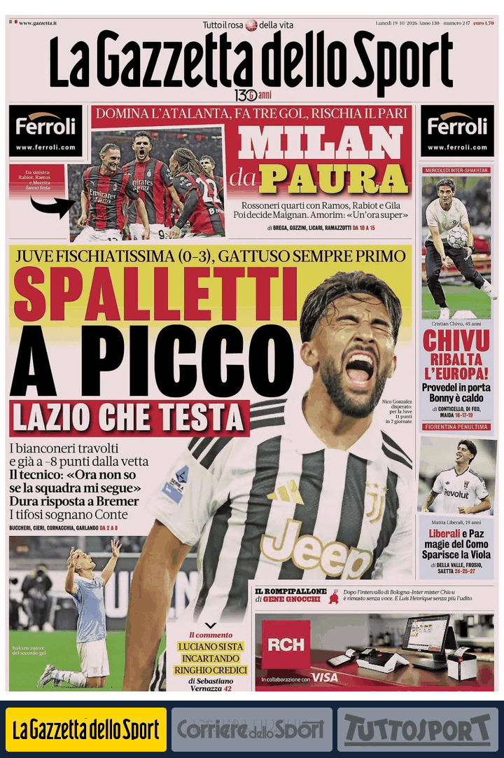 I giornali sportivi di luned&igrave; 19 ottobre 2026