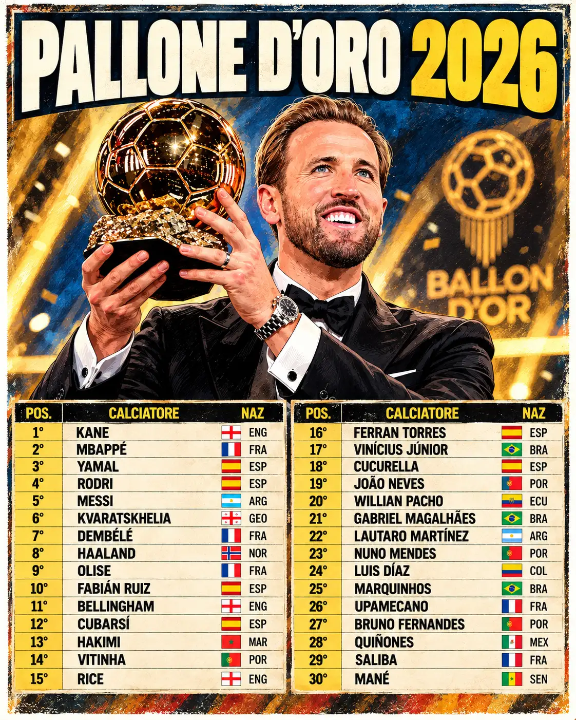 Pallone d'Oro 2026, vince Harry Kane, la classifica dei primi 30